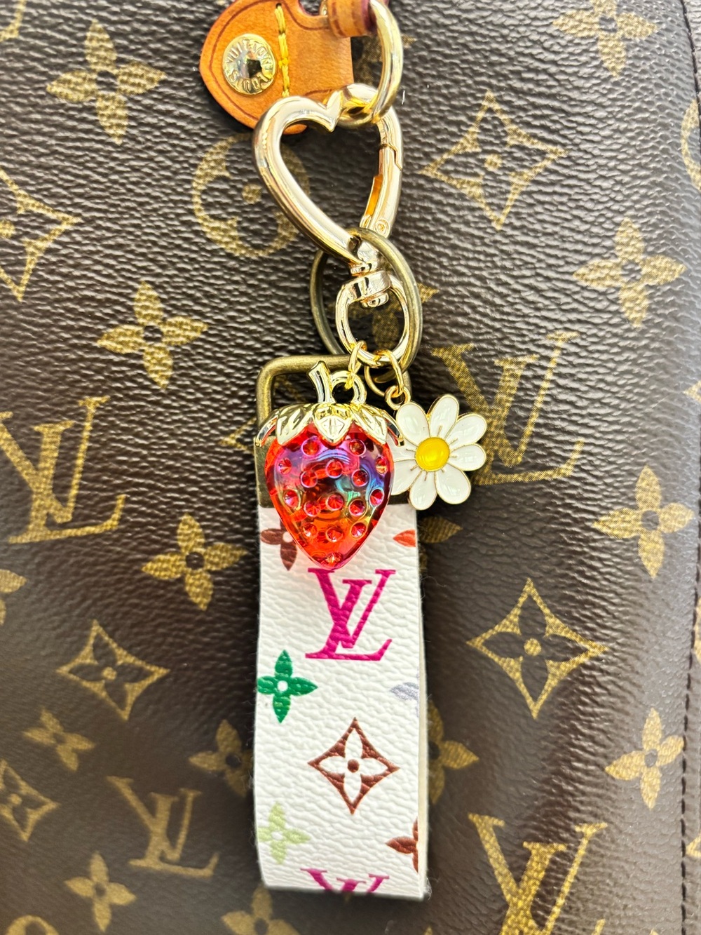 Louis Vuitton Keychain, bag charm with strawberry and flower. Handmade 5 inches - Picture 2 of 3